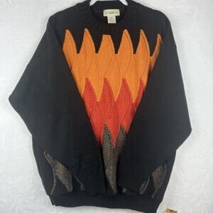 TravelSmith Men’s L Black Crewneck Pullover Knit Acrylic Flame Sweater Retro